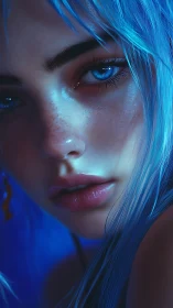 Hyperreal blue‑lit portrait captures luminous feminine gaze