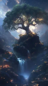 Mythic world tree atop luminous cliffs and cascading falls.
