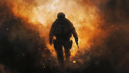 Silhouetted tactical operator advancing through incendiary plume.