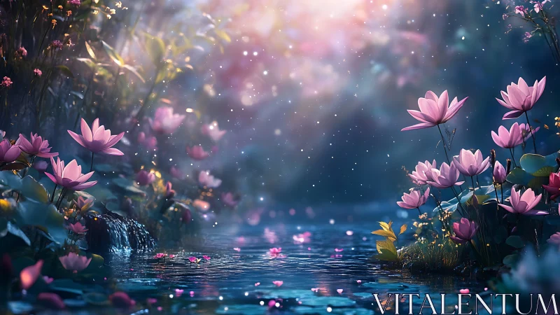 Enchanted lotus stream under ethereal twilight glow.