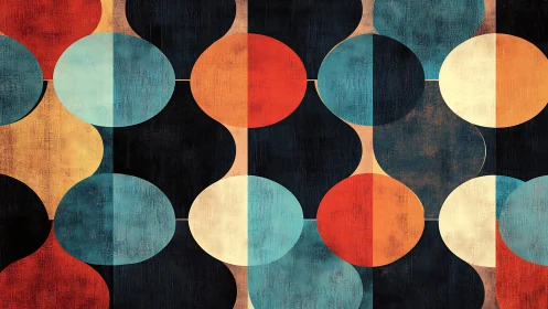 Midcentury geometric circles in warm teal and ochre palette.