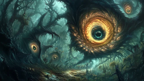 Monolithic ocular vortex forms dominate a bioluminescent forestscape