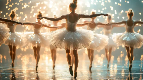 Backlit ballerinas execute synchronized stage formation