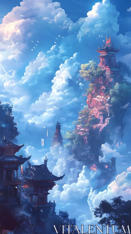 Vertical cloud temples in luminous skybound landscape design.