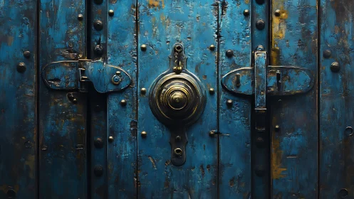 Weathered blue metal door with central round lock detail.