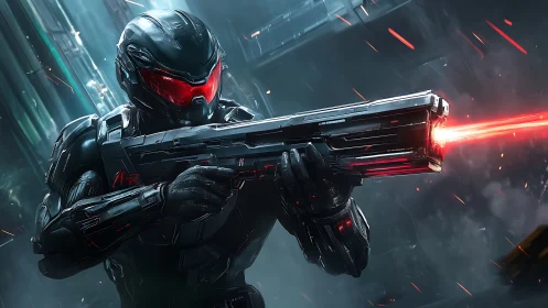 Armored sci fi soldier discharges energy rifle in urban setting