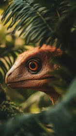 Dinosaur portrait hides within lush prehistoric foliage canopy.