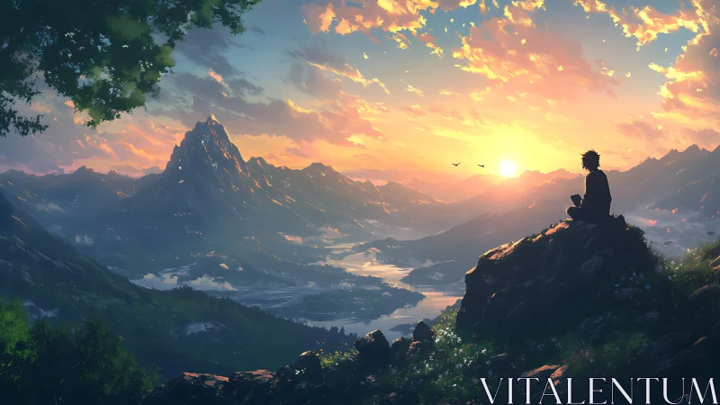 Solitary figure overlooking layered mountains at sunset.