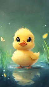 Fluffy yellow duckling stands in glowing wetland light.