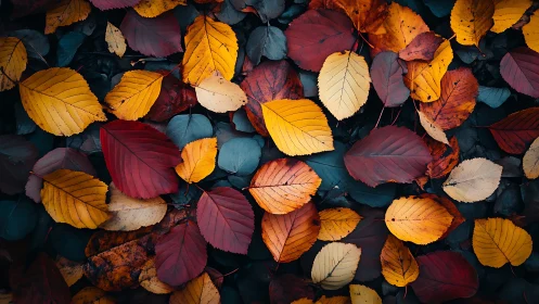 Autumn foliage arrangement with mixed colored fallen leaves.