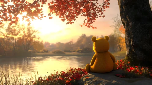 Yellow teddy bear sits by autumn lake at warm sunset.