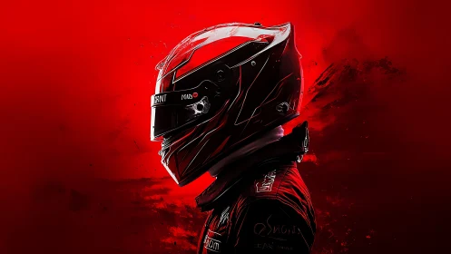 Profile view shows racing driver in helmet against red backdrop
