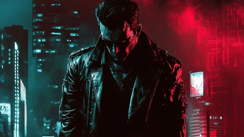 Neon city drifter lost in moody midnight reflections.