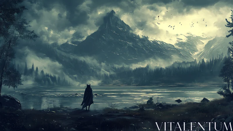 Cloaked wanderer before storm-bitten mountain kingdom.