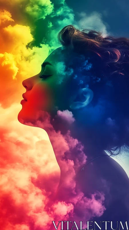 Woman profile merges with vivid rainbow nebula clouds.