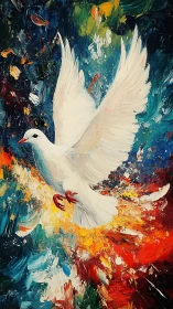 Impasto-rendered white dove ascends through chromatic turbulent field