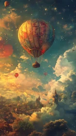 Dreamlike hot air balloon over cloudy fantasy city sky.