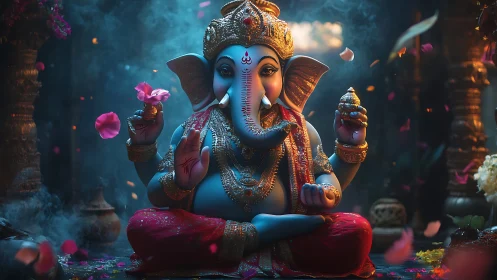 Ganesha idol rendered in cinematic 3D lighting and vivid color depth
