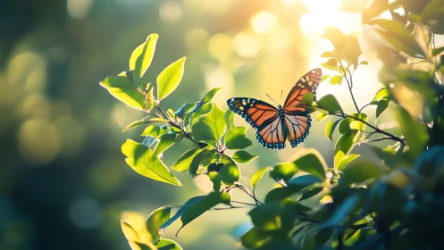 Monarch butterfly rests on sunlit leaves in golden bokeh glow.