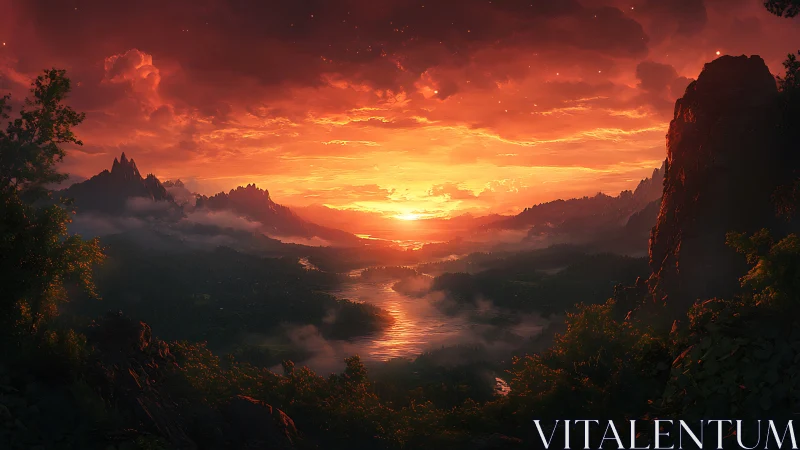 Ember-drenched valley sunset over misty mythic mountains.