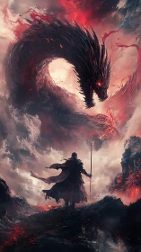 Armored lone warrior confronts colossal infernal dragon