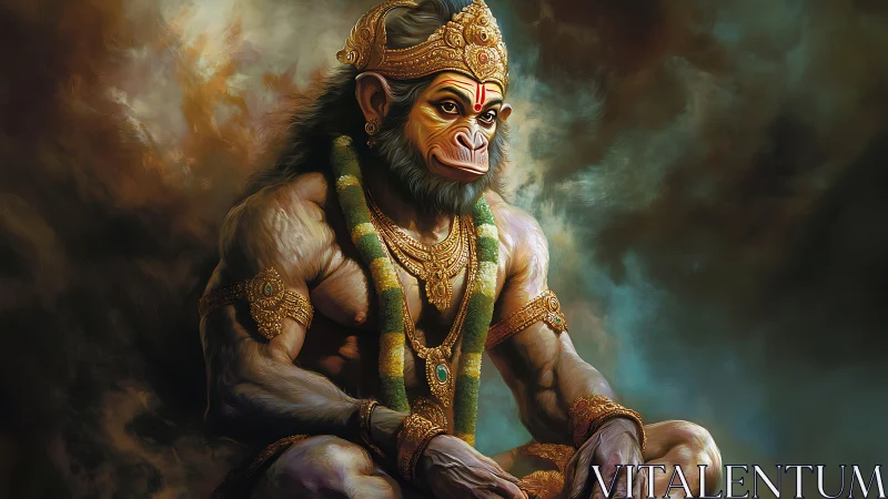 Divine monkey warrior sits in stormy celestial calm.