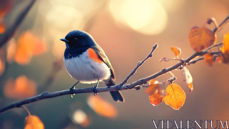 Colorful songbird on autumn branch in soft, dreamy light.