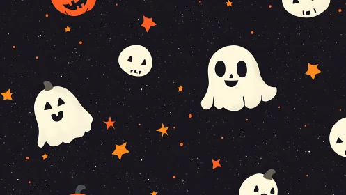 Cartoon ghost and pumpkin pattern on black star field.