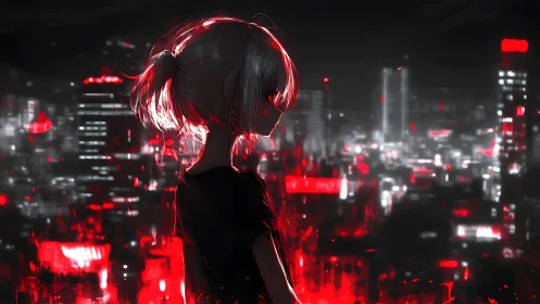 Quiet city rooftop, lone girl wrapped in neon red glow.