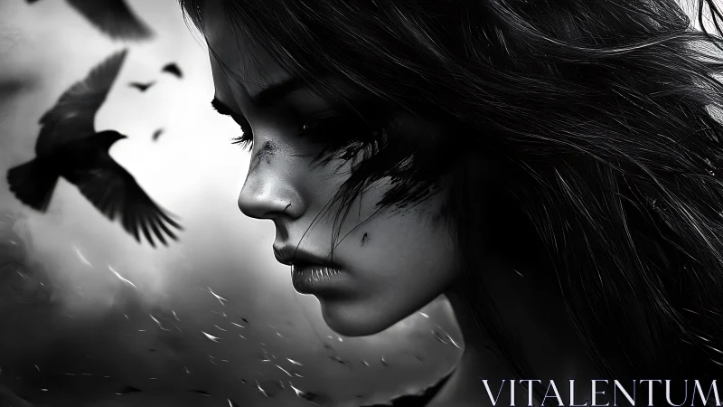 Brooding girl in monochrome with ravens in stormy flight.