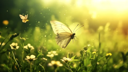 Backlit meadow butterflies in shallow-depth bokeh field study.