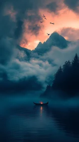 Lonely firelit boat drifts beneath stormy twilight peaks