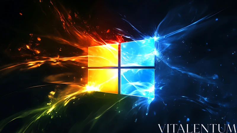 Windows logo with abstract light energy on dark background.