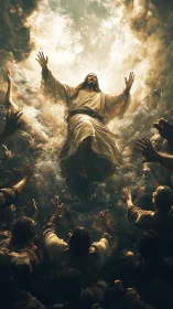 Radiant ascension scene with robed figure and reaching crowd.