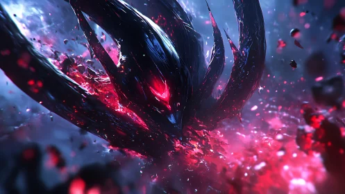 Voidborn shadow creature amid exploding crimson shards.
