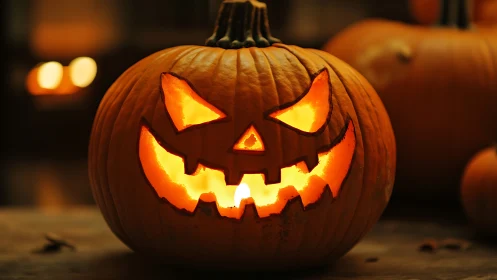 Moody jack-o’-lantern close-up in shallow depth-of-field lighting.