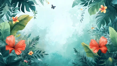 Tropical blooms quietly frame a sky where butterflies listen