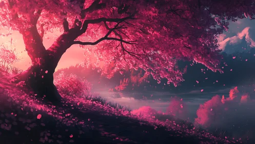 Pink deciduous tree overlooks misty lake with distant mountains