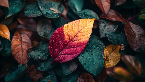 Bicolor autumn leaf holds raindrops over dark wet foliage