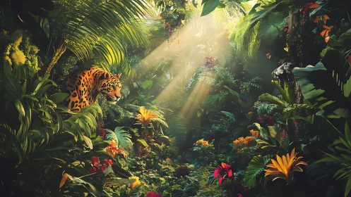 Jaguar in volumetric-lit rainforest clearing with dense foliage