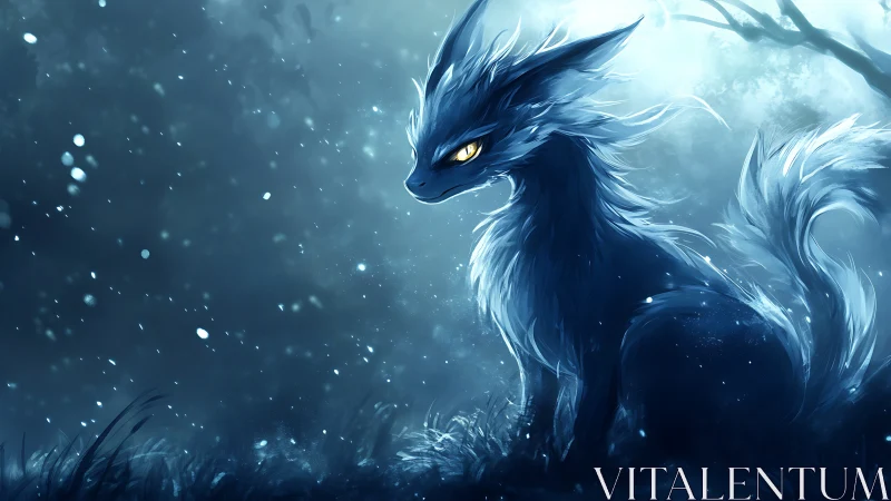 Moonlit spectral fox in swirling blue winter glow.