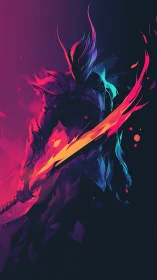 Abstract neon warrior silhouette with blazing energy sword.