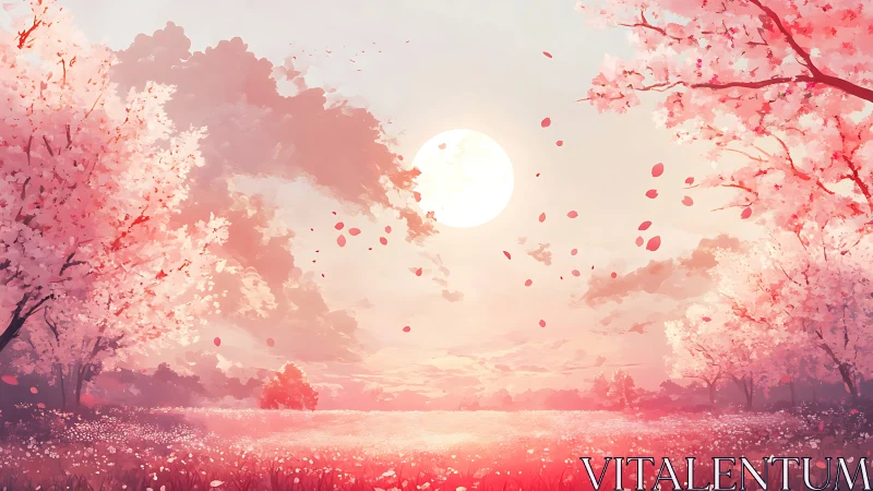 Blushing moonrise over whispering cherry blossom meadows.