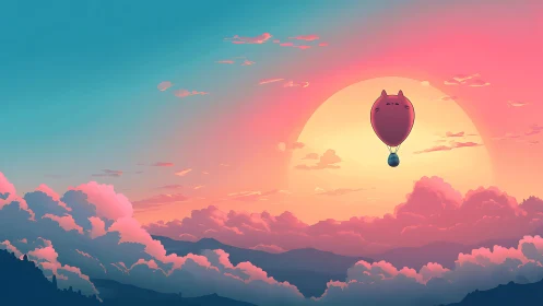 Cat balloon drifting over pastel sunset clouds horizon.