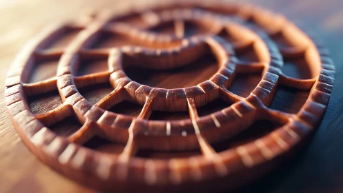 Warm wooden labyrinth coaster glows in soft morning light