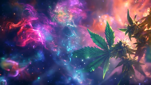 Galactic cannabis leaves drifting through neon cosmic haze.