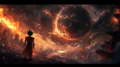 Lone warrior beneath erupting celestial apocalypse panorama.