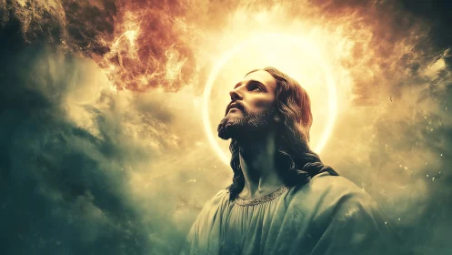 Radiant robed figure gazing upward in glowing sky halo.