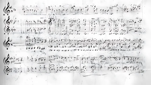 Weathered piano manuscript with smudged treble clefs.