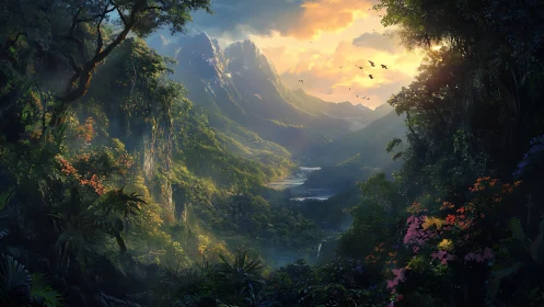 Luminous misty valley landscape with lush tropical mountains.